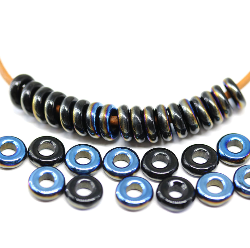 8mm Metallic blue black Czech glass ring beads, 3mm hole - 30Pc