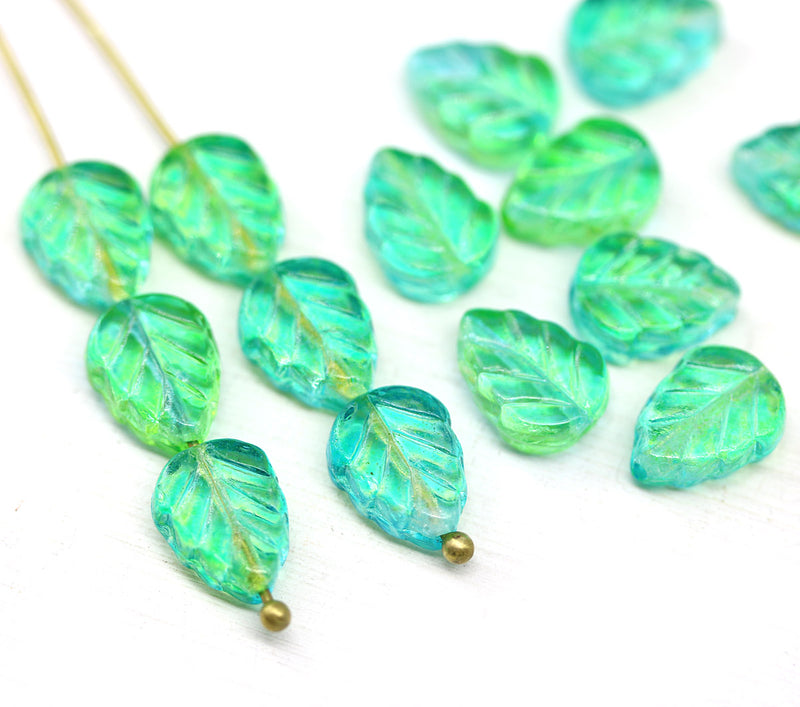 10x8mm Bright green yellow leaf Czech glass beads 15pc