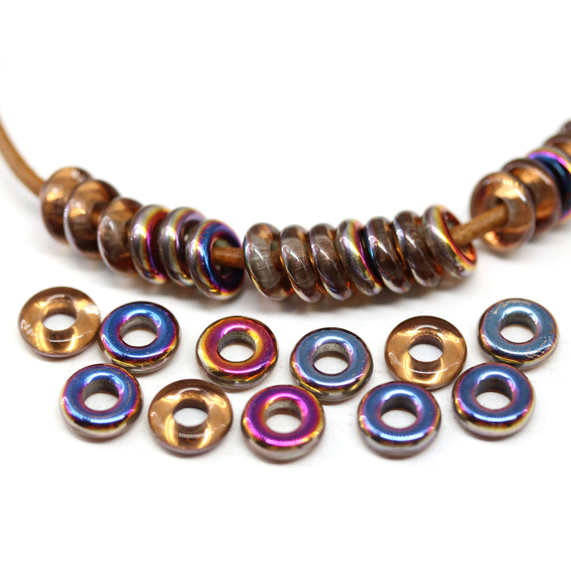 8mm Copper vitrail Czech glass ring beads, 3mm hole - 30Pc