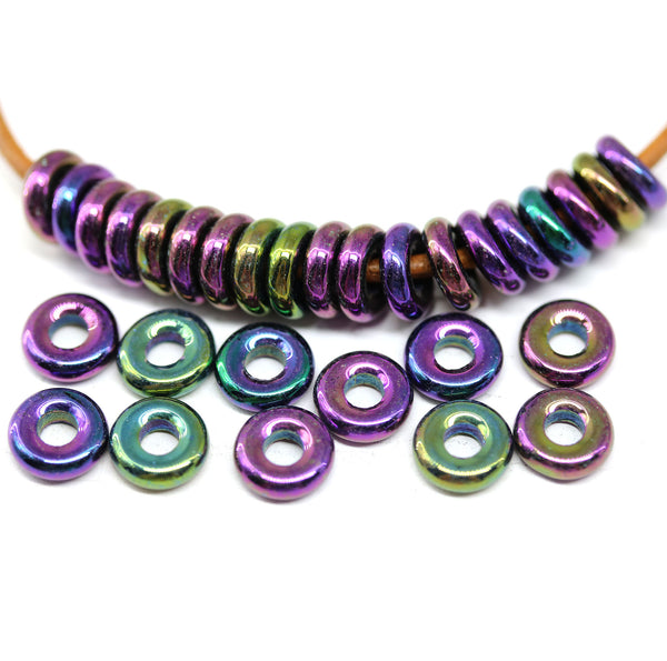 8mm Purple metallic Czech glass ring beads, 3mm hole - 30Pc