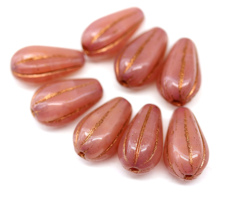 15x8mm Opal pink pear shape teardrop czech glass beads copper inlays, 8pc