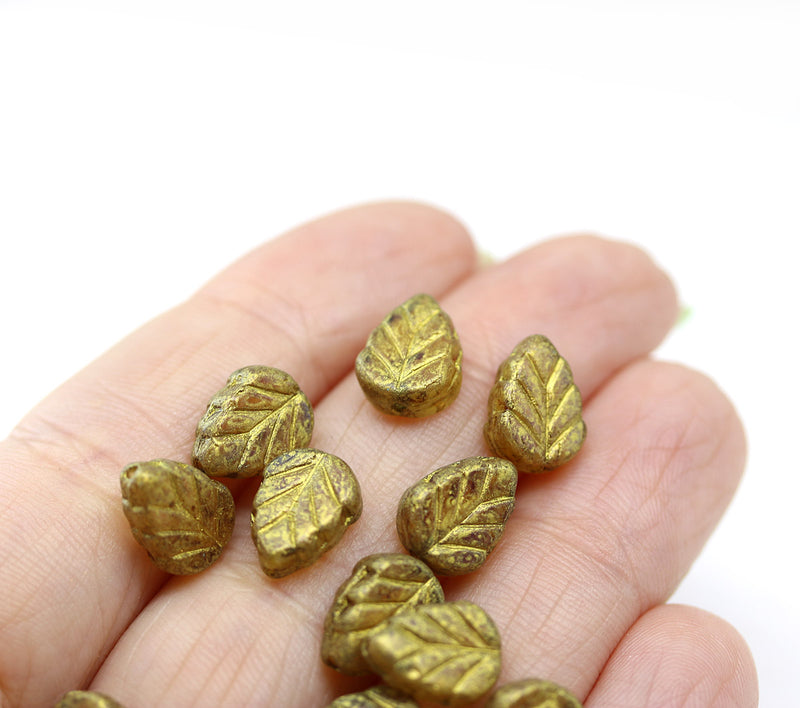 10x8mm Gold wash leaf Czech glass beads picasso 15pc
