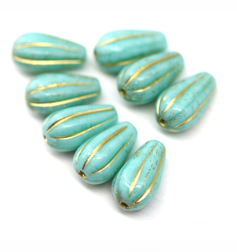 15x8mm Turquoise pear shape teardrop czech glass beads gold inlays, 8pc