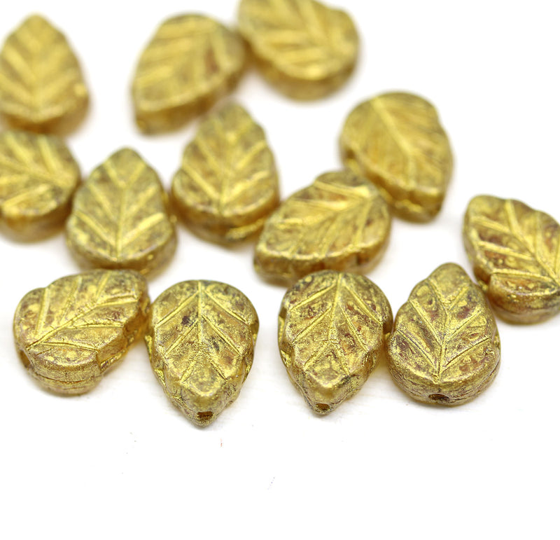 10x8mm Gold wash leaf Czech glass beads picasso 15pc