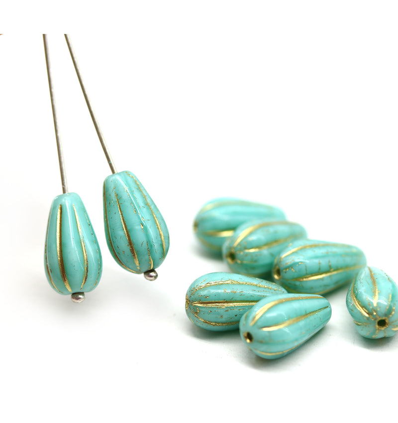 15x8mm Turquoise pear shape teardrop czech glass beads gold inlays, 8pc