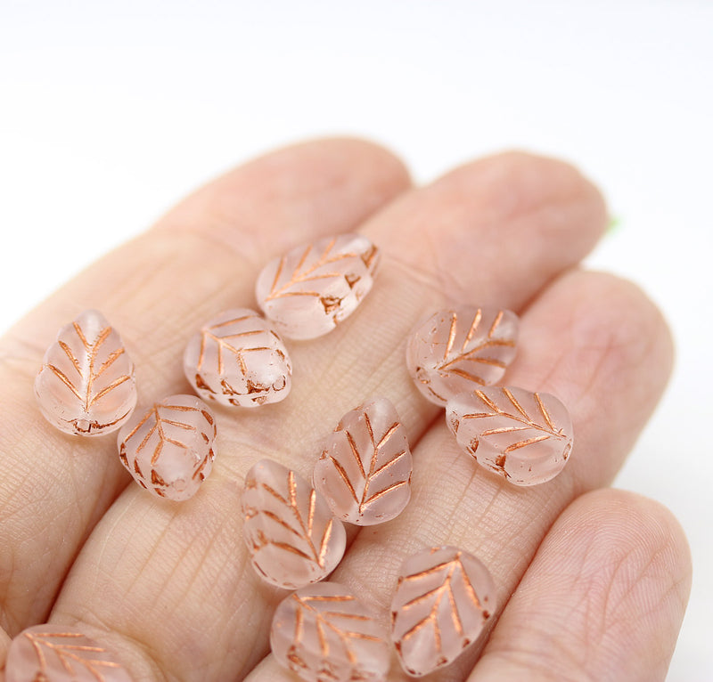 10x8mm Frosted glass copper inlays leaf Czech glass beads 15pc