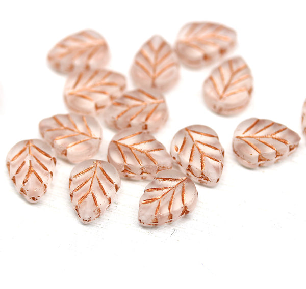 10x8mm Frosted glass copper inlays leaf Czech glass beads 15pc