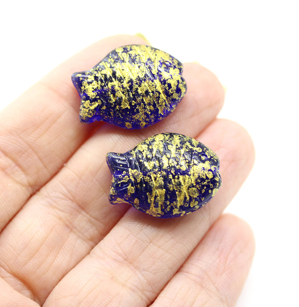 2Pc Large fish beads Dark blue Czech glass animal pressed beads gold wash