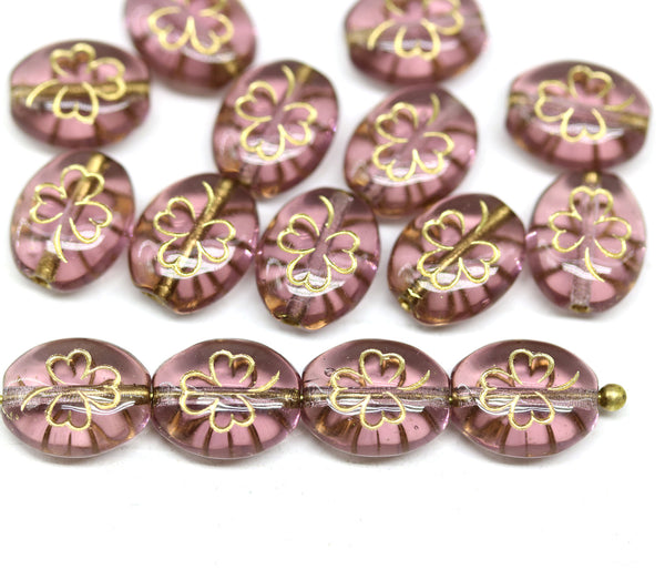 10x8mm Purple shamrock czech glass beads, golden inlays, 15Pc