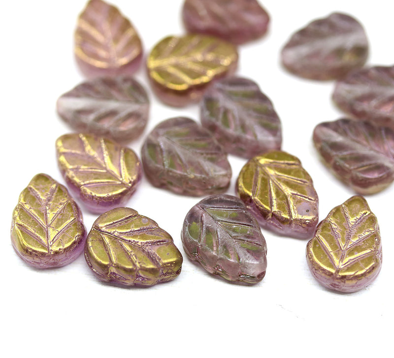 10x8mm Frosted purple leaf Czech glass beads luster 15pc