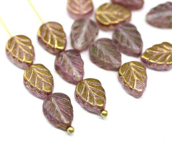 10x8mm Frosted purple leaf Czech glass beads luster 15pc