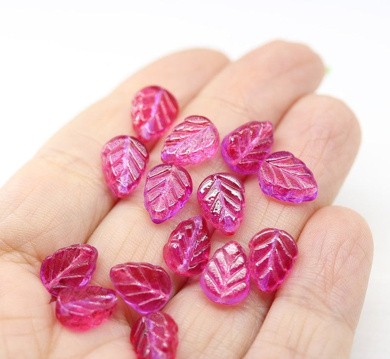 10x8mm Bright pink leaf Czech glass beads 15pc