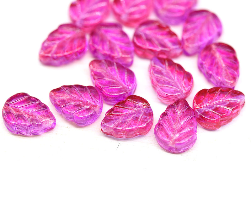 10x8mm Bright pink leaf Czech glass beads 15pc