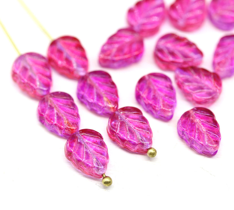 10x8mm Bright pink leaf Czech glass beads 15pc