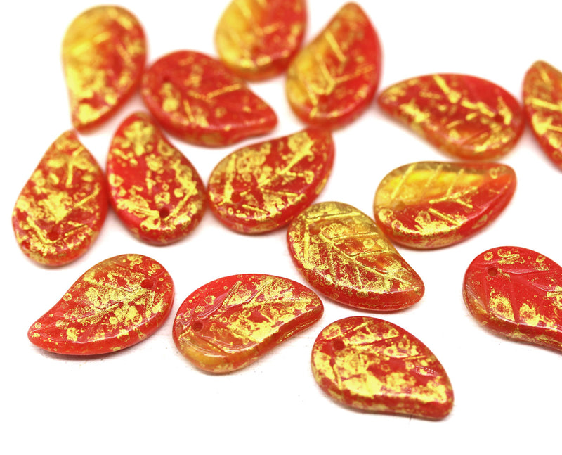 14x9mm Red Czech glass leaves, gold wash, 15pc