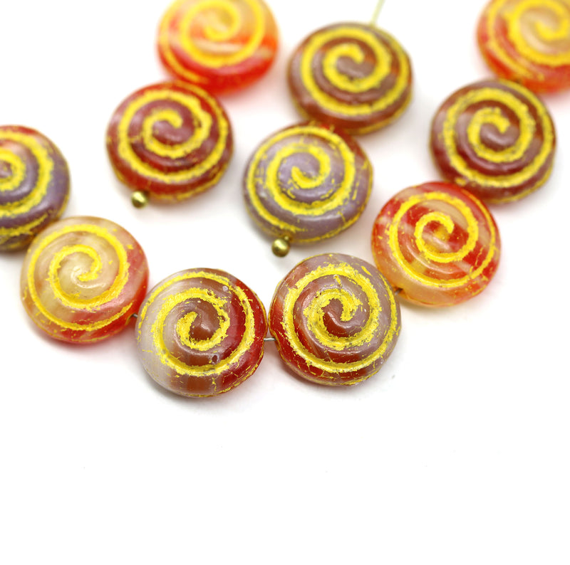 13mm Red orange shell Czech glass beads, 8pc