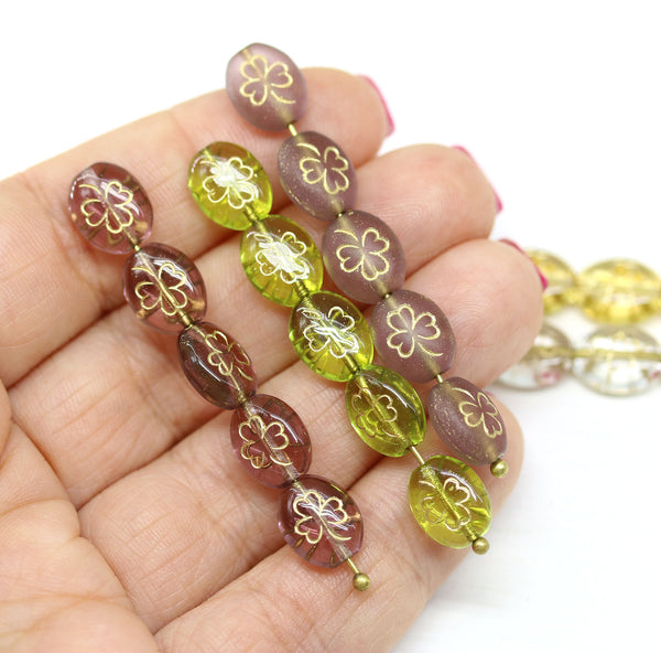10x8mm Purple shamrock czech glass beads, golden inlays, 15Pc