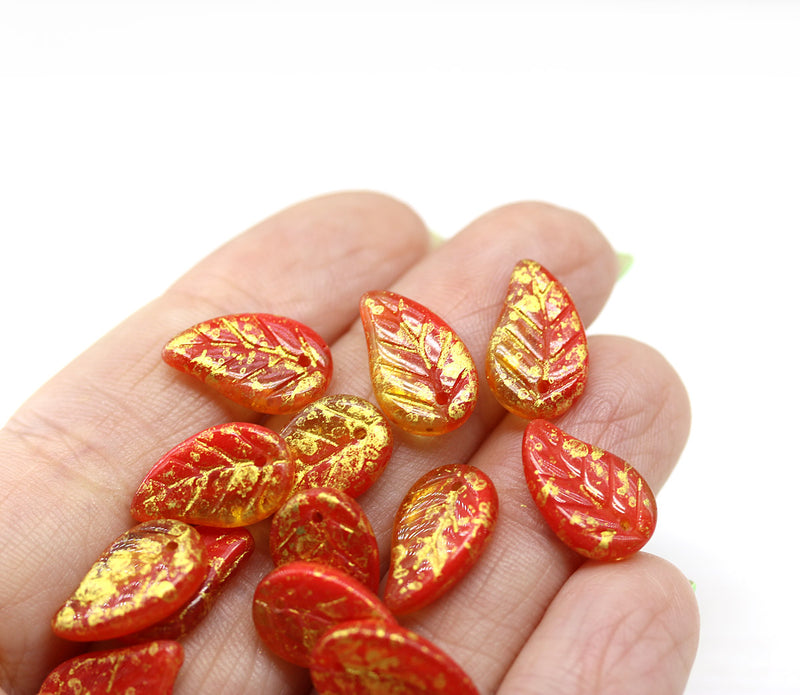 14x9mm Red Czech glass leaves, gold wash, 15pc