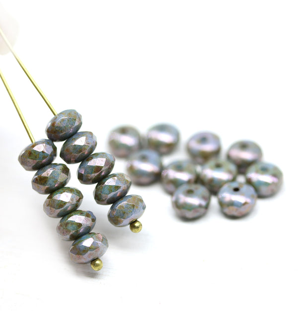 4x7mm Picasso gray rondelle fire polished czech glass beads, 20pc