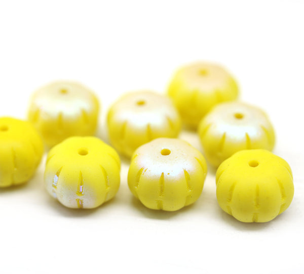 7x11mm Frosted yellow pumpkin rondelle Czech glass beads AB finish - 6Pc