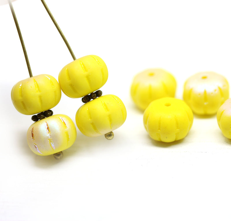 7x11mm Frosted yellow pumpkin rondelle Czech glass beads AB finish - 6Pc