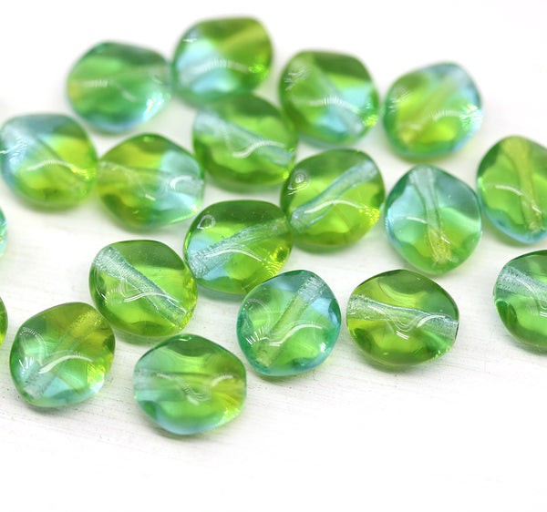 9x8mm Green blue flat oval wavy czech glass beads, 20Pc