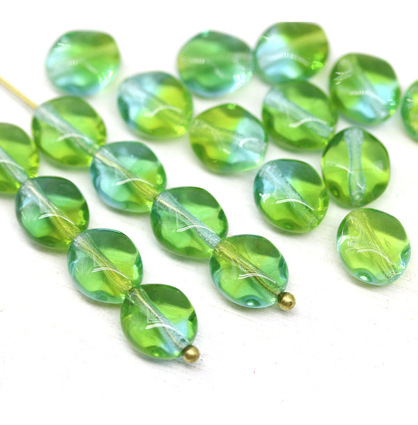 9x8mm Green blue flat oval wavy czech glass beads, 20Pc
