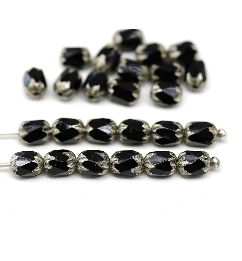 6x4mm Black rice czech glass fire polished beads silver ends