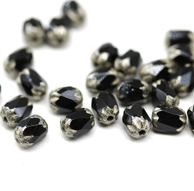6x4mm Black rice czech glass fire polished beads silver ends