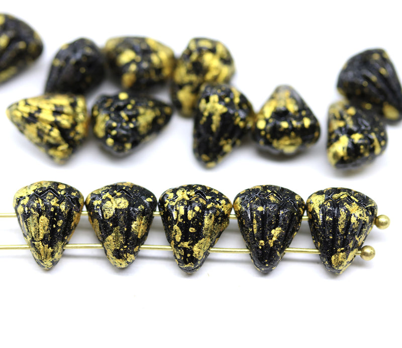 Lotus glass beads Black Golden Flakes: two hole