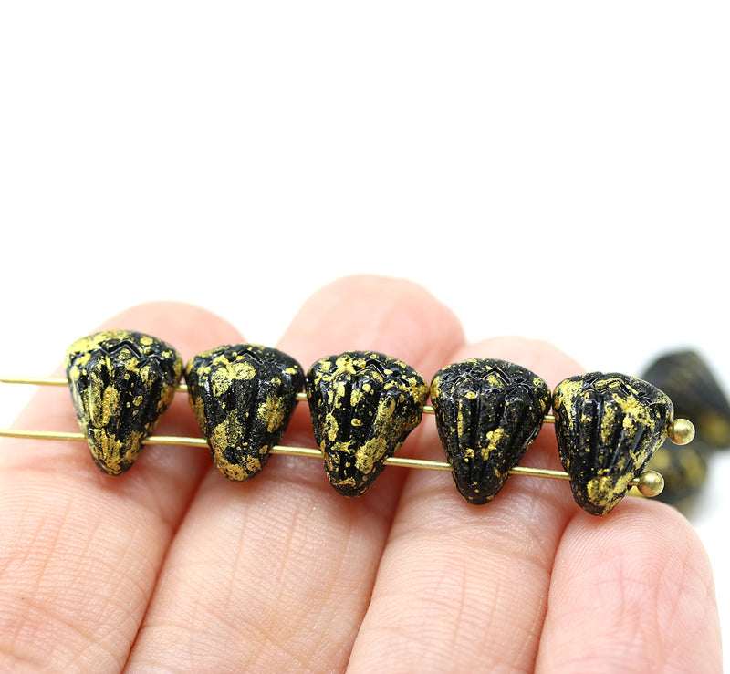 Lotus glass beads Black Golden Flakes: two hole