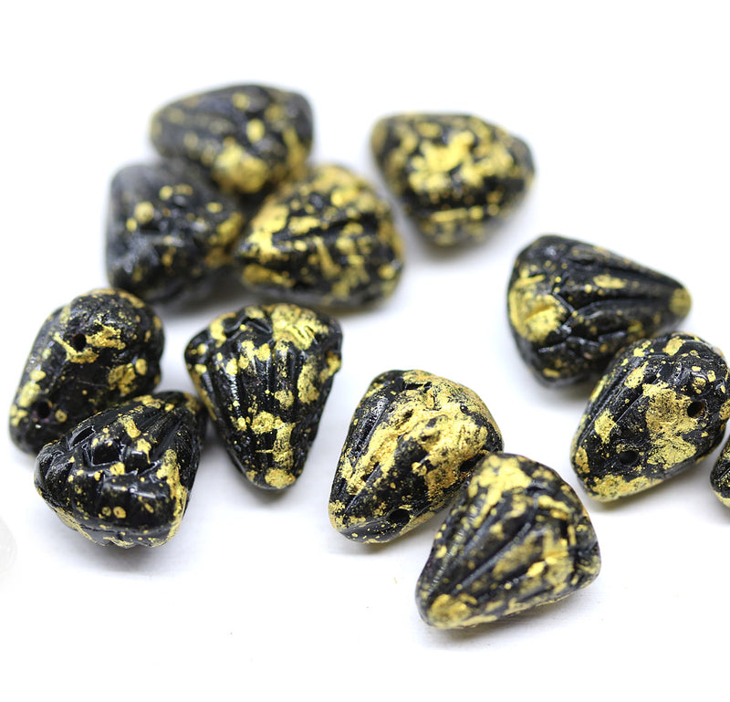 Lotus glass beads Black Golden Flakes: two hole