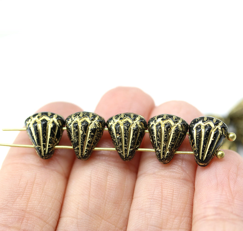 Lotus glass beads Black Gold: two hole, 15pc