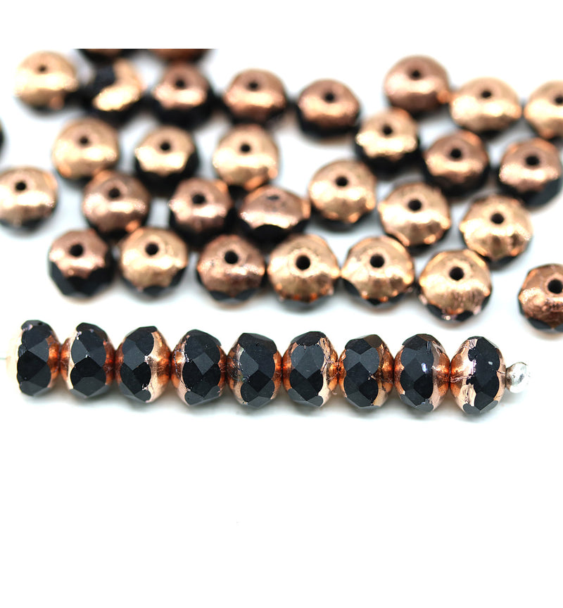 3x5mm Black rondelle czech glass beads copper ends 