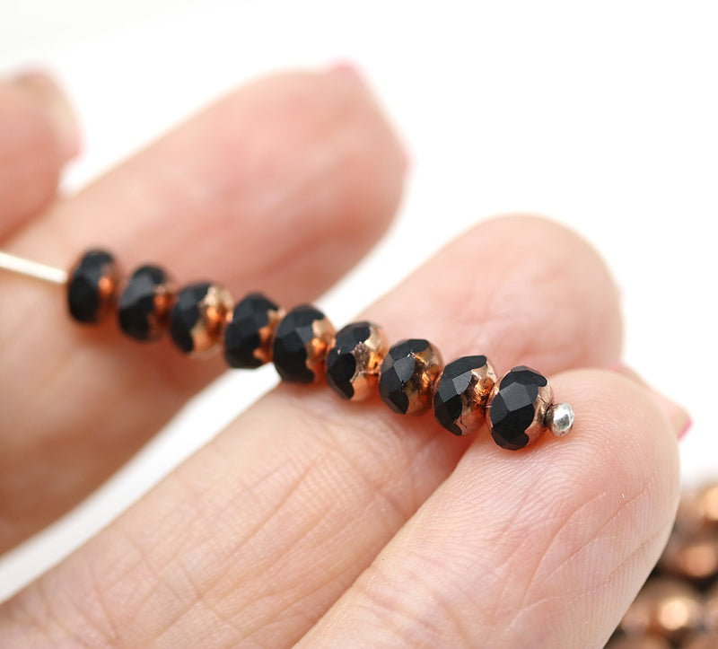 3x5mm Black rondelle czech glass beads copper ends 