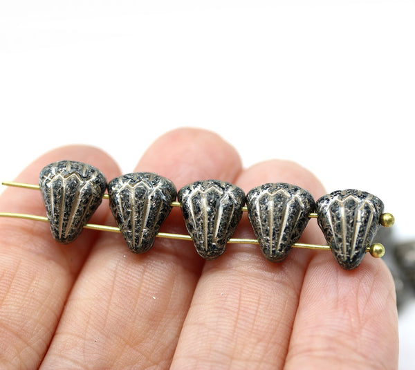 Lotus glass beads Black Silver wash: two hole