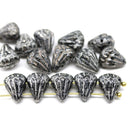 Lotus glass beads Black Rustic Silver wash: two hole