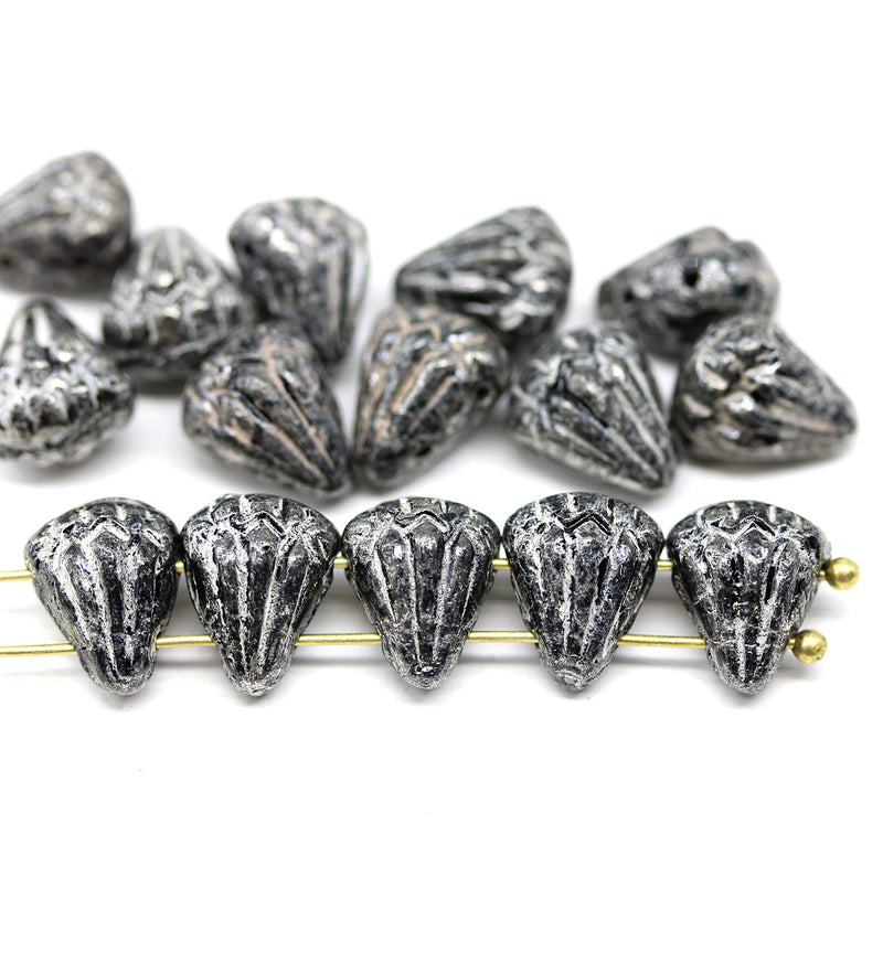 Lotus glass beads Black Rustic Silver wash: two hole