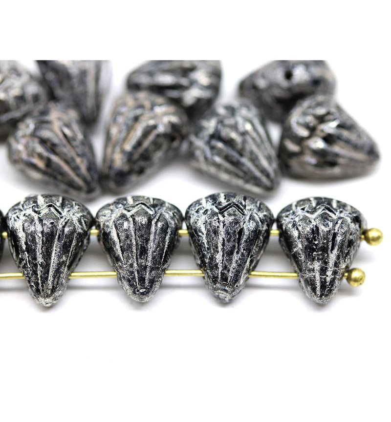 Lotus glass beads Black Rustic Silver wash: two hole