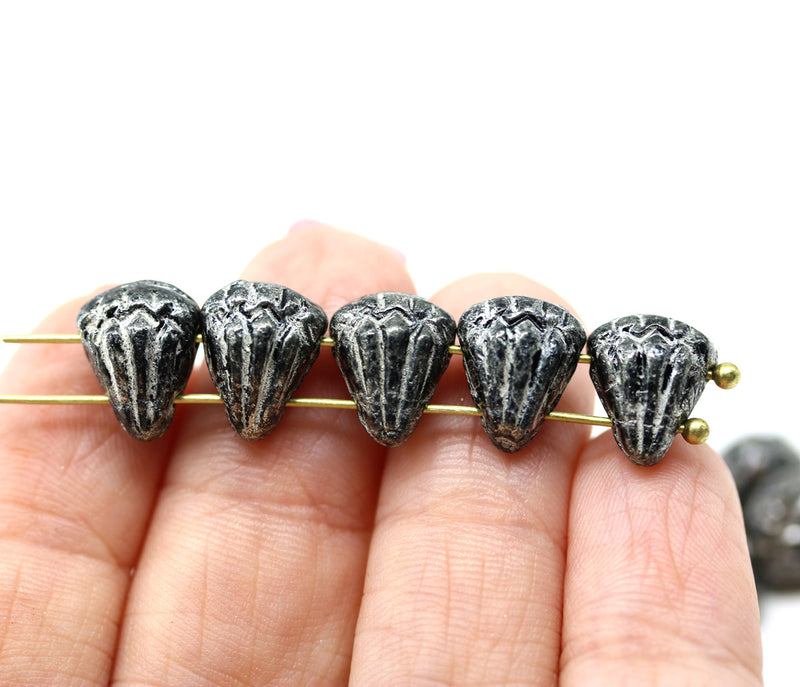 Lotus glass beads Black Silver wash: two hole, 15pc