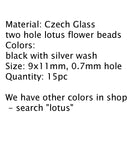 Lotus glass beads Black Silver wash: two hole, 15pc