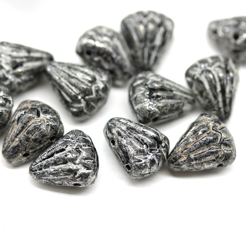 Lotus glass beads Black Rustic Silver wash: two hole