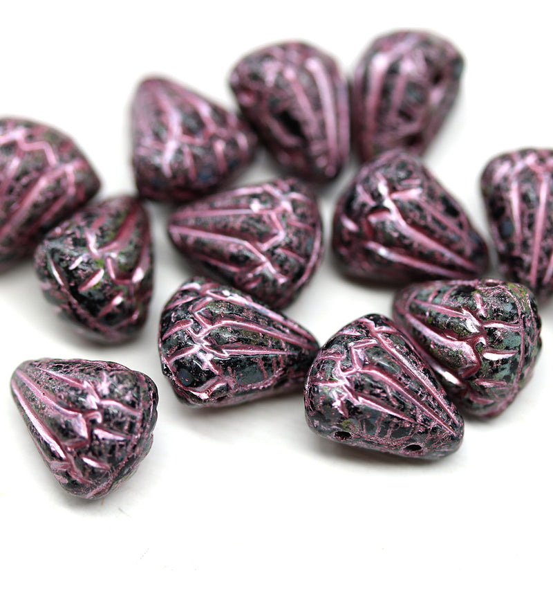 Lotus Czech glass beads Black Pink Wash: two hole, 15pc