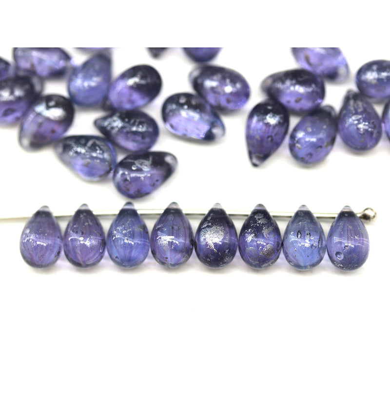 6x9mm Montana Blue Czech glass blue drop beads Silver wash 