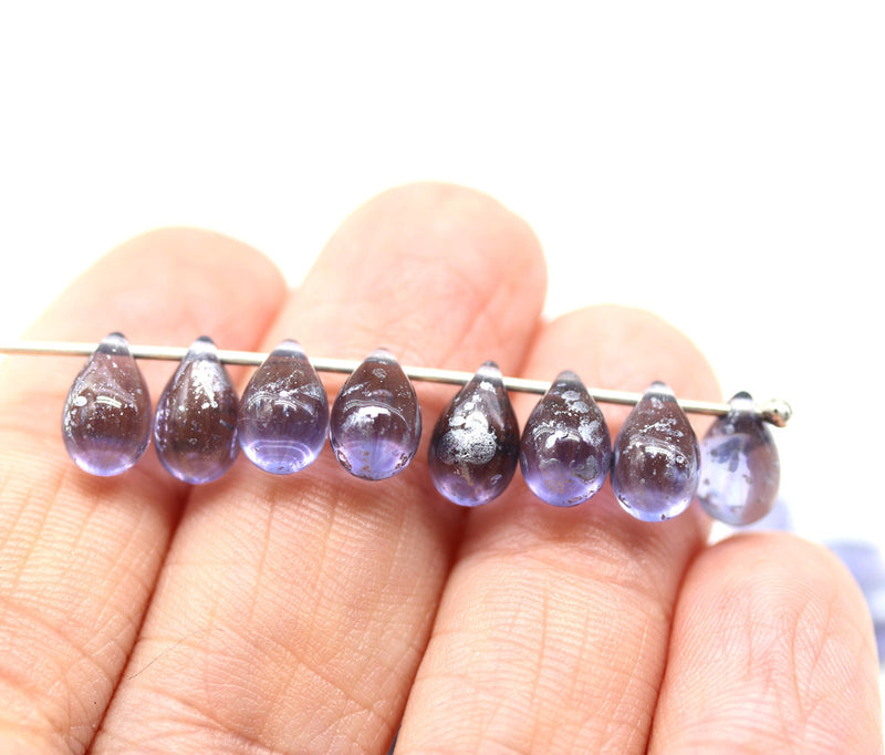 6x9mm Montana Blue Czech glass blue drop beads Silver wash 