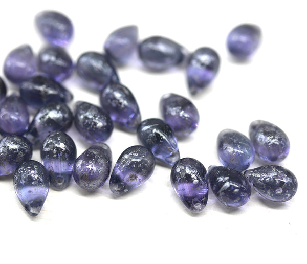 6x9mm Montana Blue Czech glass blue drop beads Silver wash 