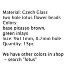 Lotus Czech glass beads Picasso green: two hole, 15pc