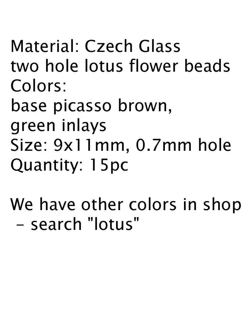 Lotus Czech glass beads Picasso green: two hole, 15pc