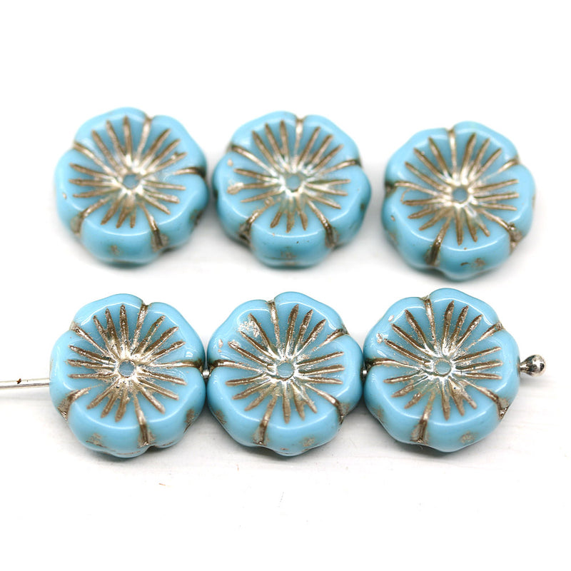 14mm Blue Silver pansy flower, Czech glass flat daisy