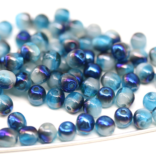4mm Blue czech glass beads round druk spacers, 10gr